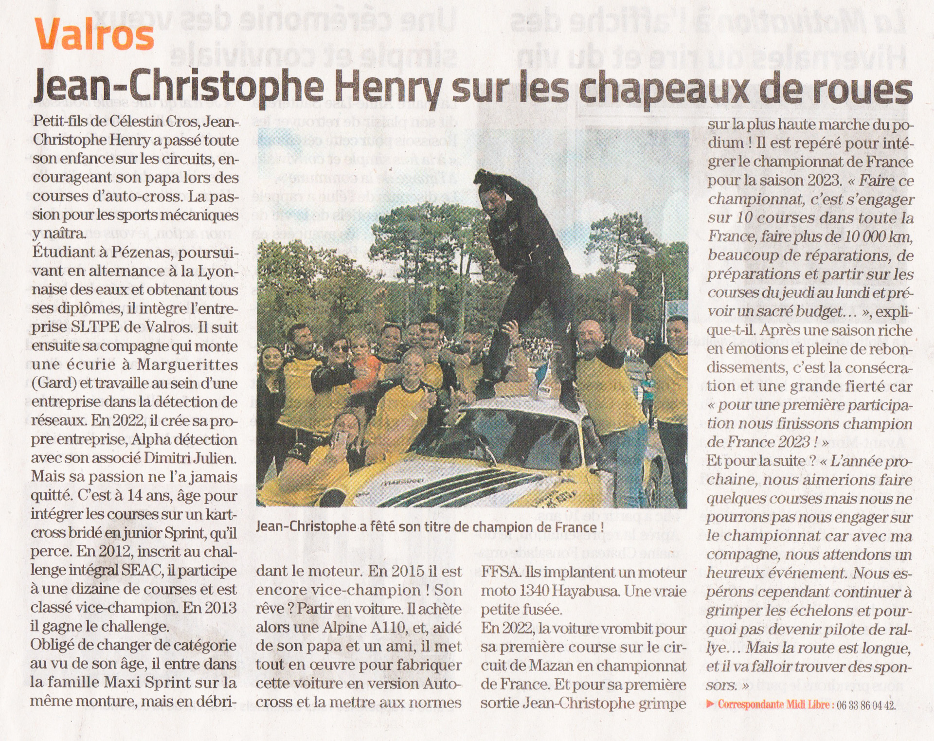 Article Midi Libre Jean-Christophe Henry Champion de France 2023 Tourisme Cup